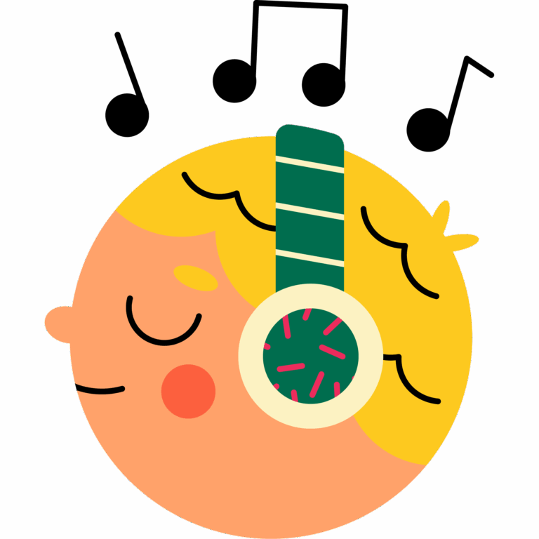 Illustration eines Kindes mit gelben Haaren und Kopfhörern in einem einfachen, bunten Stil.