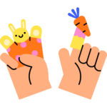 Zwei Hände halten Fingerpuppen, eine mit einem Hasen und eine mit einer Karotte.