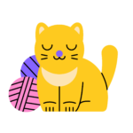 Illustration einer gelben Katze, die vor zwei bunten Wollknäueln sitzt.