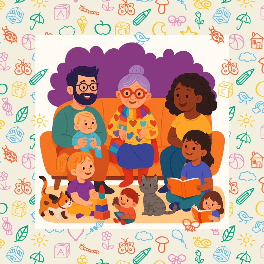 Familie sitzt auf einem Sofa und liest Geschichten, umgeben von Kindern und Haustieren.
