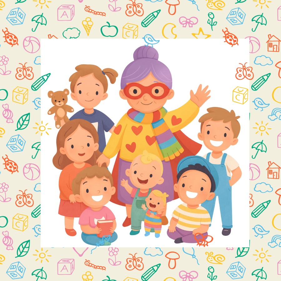 Bunte Illustration einer älteren Frau mit lila Haaren und einer Gruppe von sechs Kindern in verschiedenen Posen.