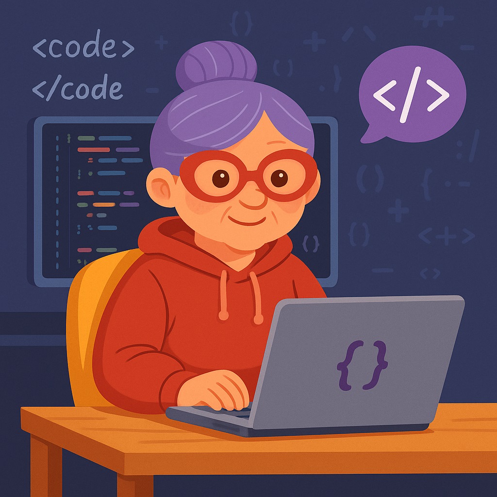 Eine ältere Frau mit lila Haaren und Brille, die an einem Laptop arbeitet und Programmiercode eingibt.