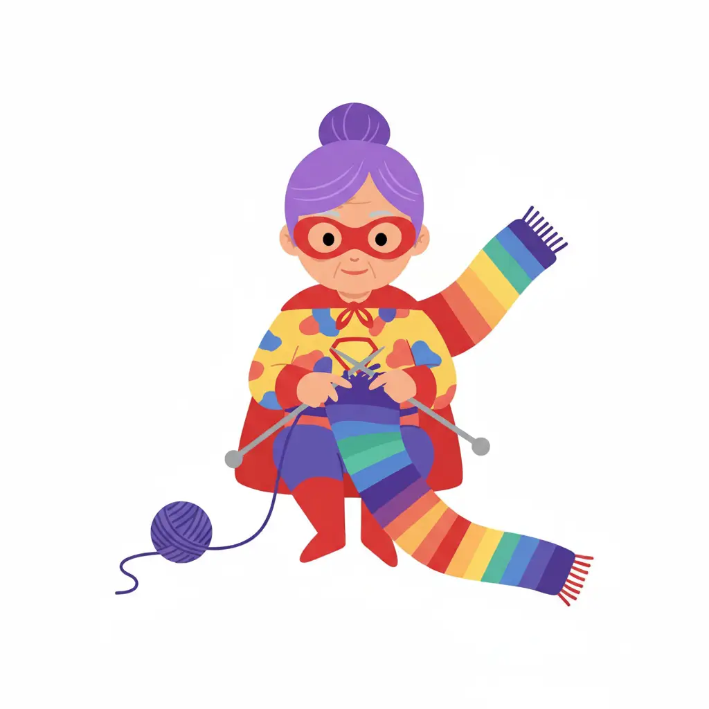 Eine ältere Frau mit lila Haaren, die in einem bunten Umhang sitzt und einen Regenbogen-Schal strickt.