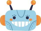 Ein lächelnder Roboterkopf in Blau mit orangefarbenen Ohren und Antennen.